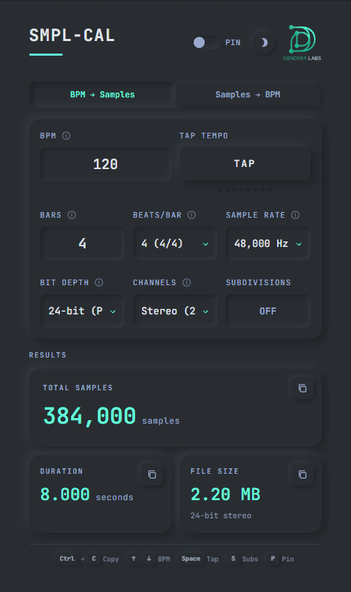 SMPL-CAL Interface Screenshot - Dark Mode