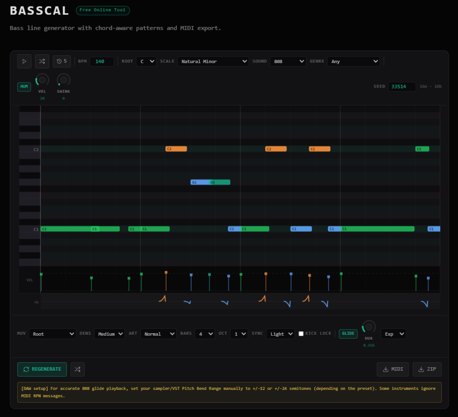 BASSCAL — Free Online Bass Line Generator with MIDI Export
